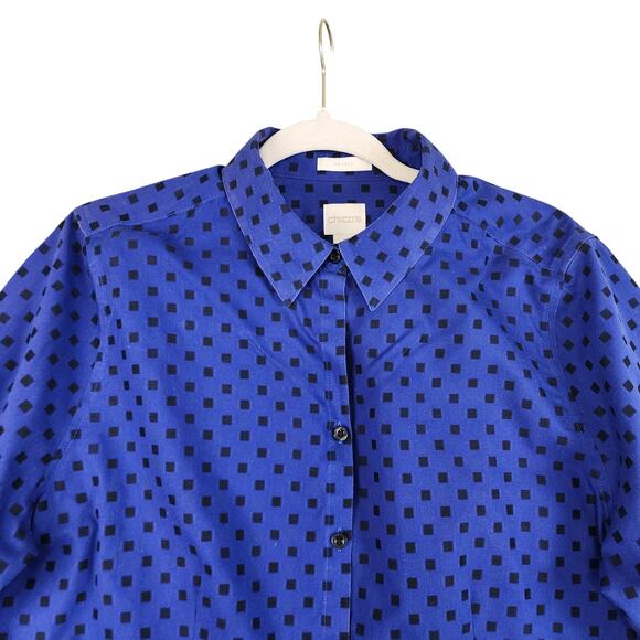 Chicos Womens Shirt Button Up Long Sleeve Non Iron Tunic Size Large Blue Square - Picture 2 of 10